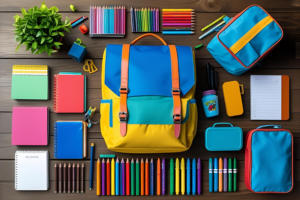 Back To School Shopping Flat Lay A colorful flat lay of school supplies (notebooks, pencils, markers, backpack, lunch box) arranged neatly on a wooden desk.
